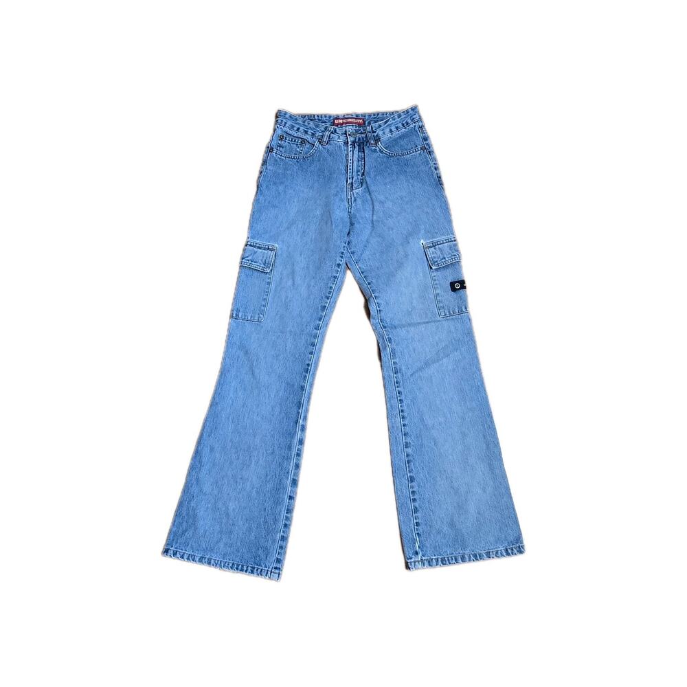 UNIONBAY Vintage 90s Cargo Flare Denim Jeans Jr 3 Lt Wash Distressed HTF Style